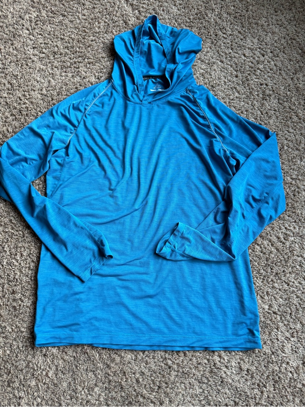 Men's Prana Lightweight Blue Hooded Long Sleeve Large